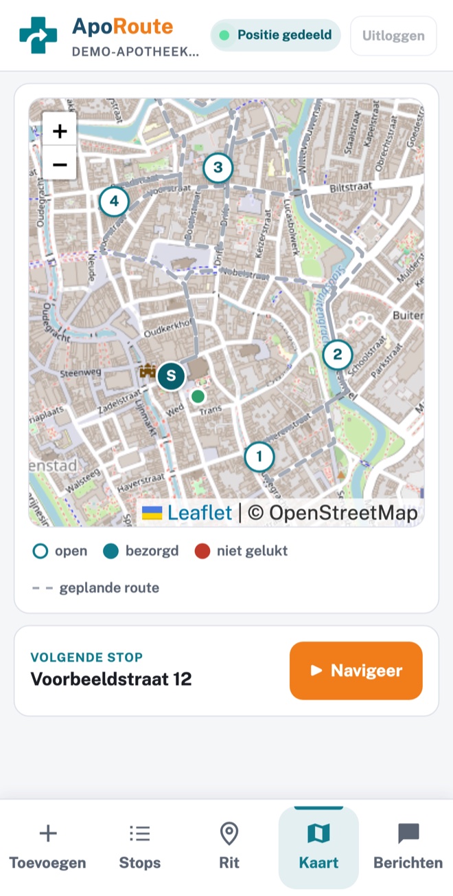 ApoRoute bezorger-app: kaart met de route