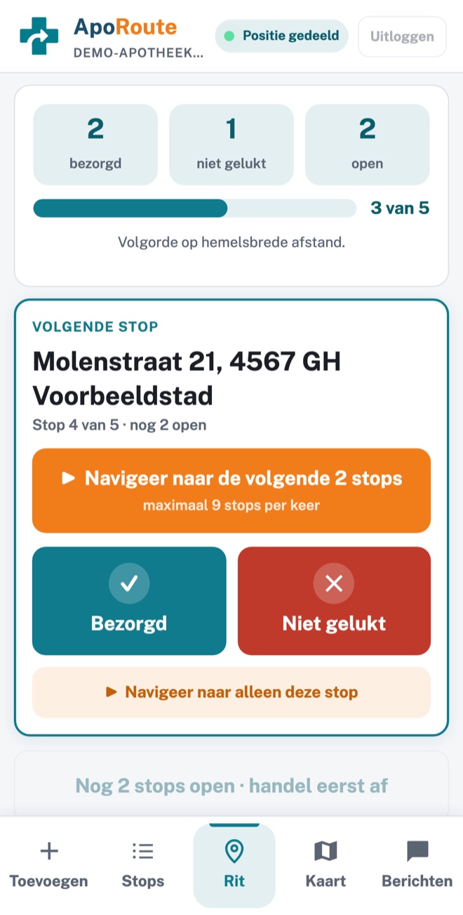 ApoRoute bezorger-app: volgende stop afvinken