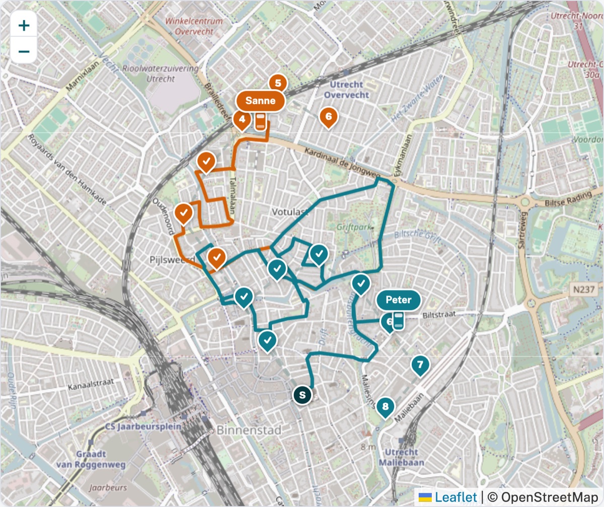 Live kaart met twee bezorgroutes, elk in een eigen kleur
